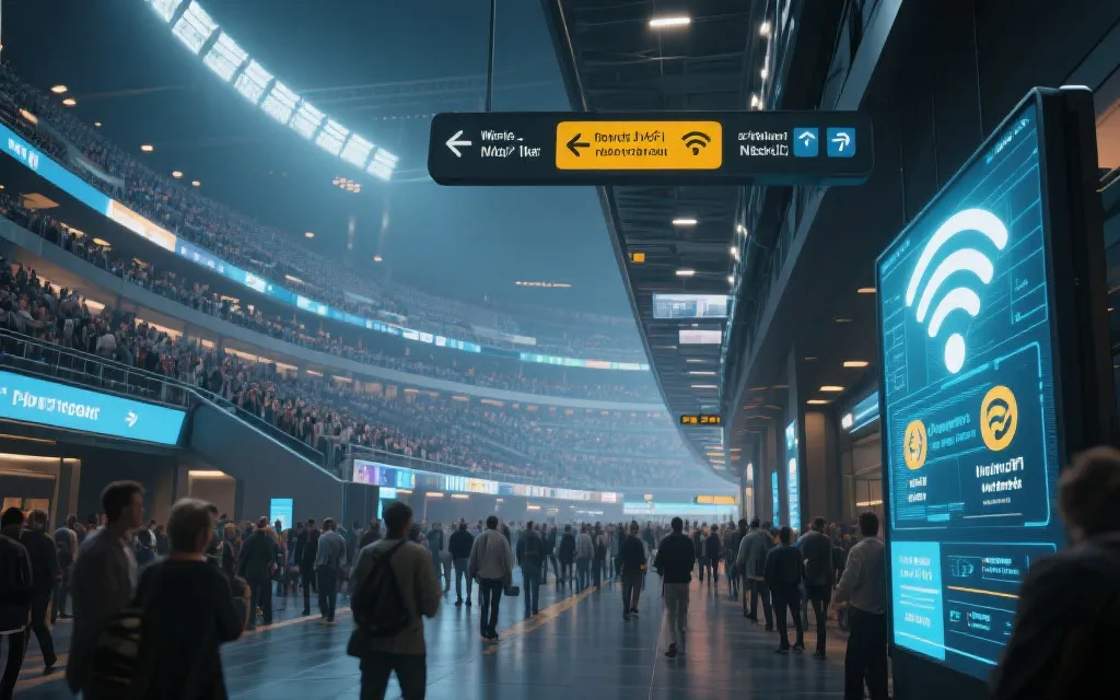 球场内部看台与数字化导航、网络覆盖意象