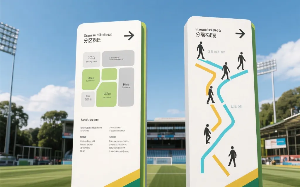 球场周边分区导视牌与步行人流动线示意，清晰、信息化风格